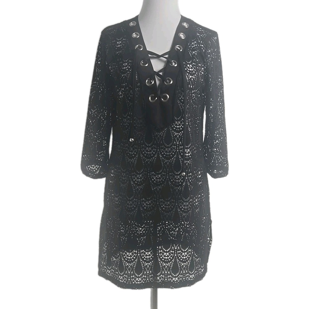 Club‎ Z Collection Black V-neck Corset Tie Mesh Swim Cover Dress Small S
